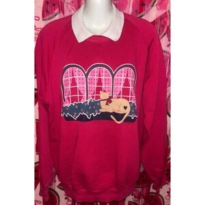 Hot Pink Cat Graphic Sweatshirt with White Collar